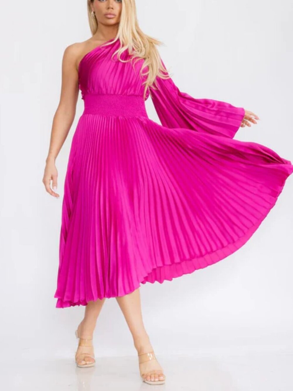 Luxxel Pink One Shoulder Long Bell Sleeve Pleated Midi Dress